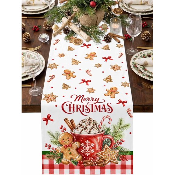 Christmas Table Runner, Gingerbread Man Cookie Linen Dresser Scarves Xmas Holiday Table Decor for Home,Kitchen,Dining Room,Indoor,Outdoor,13X72 Inches Long, Cocoa Mug Candy Cane Plaid