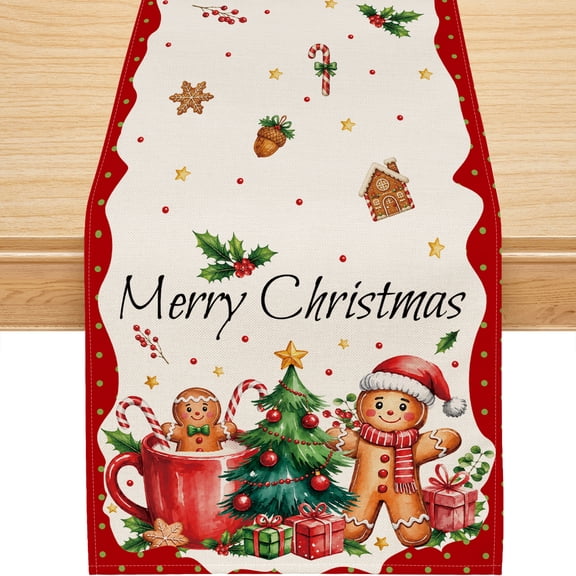 Christmas Table Runner, Gingerbread Man Merry Christmas Table Runner, White Christmas Tableware Home Indoor Decor, 13x72 inch, Polyester