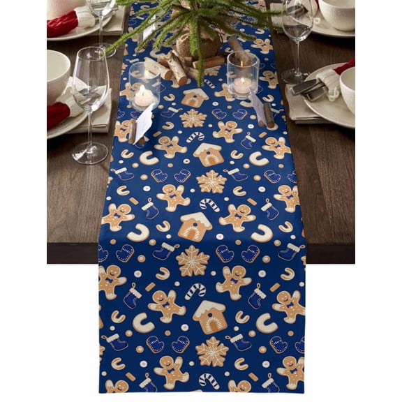Christmas Table Runner Gingerbread Man Snowflake Table Runners Candy Cane Blue Cotton Linen Dresser Scarf Kitchen Dining Table Decor for Christmas Holiday Party Decor 13x90 Inch
