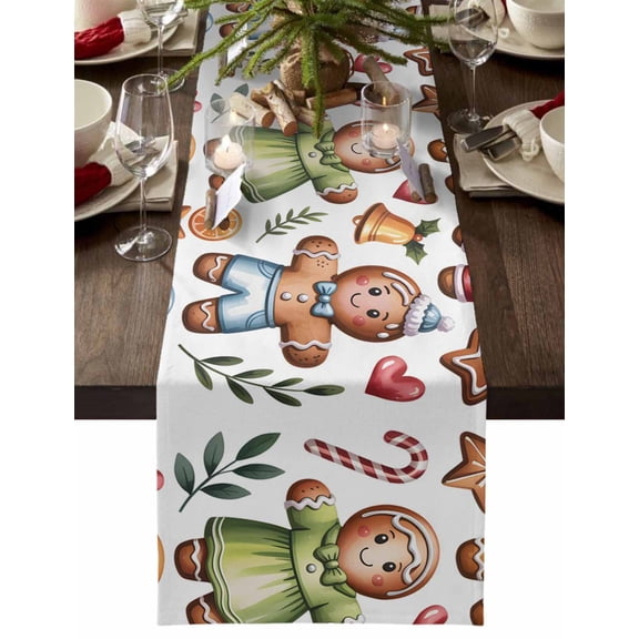 Christmas Table Runner Gingerbread Man Table Runners Cookie Candy Cane Star Heart Cotton Linen Dresser Scarf Kitchen Dining Table Decor for Christmas Holiday Party Decor 13x72 Inch