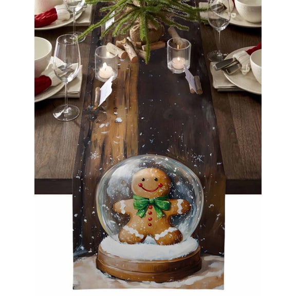 Christmas Table Runner Gingerbread Man Table Runners Crystal Ball Snowy Cotton Linen Dresser Scarf Kitchen Dining Table Decor for Christmas Holiday Party Decor 13x72 Inch