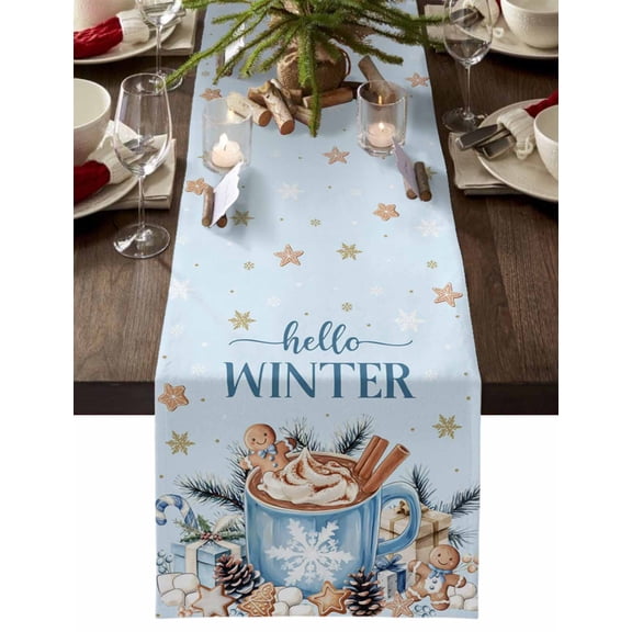 Christmas Table Runner Gingerbread Man Table Runners Hot Cocoa Cookie Blue Hello Winter Cotton Linen Dresser Scarf Kitchen Dining Table Decor for Christmas Holiday Party Decor 13x36 Inch