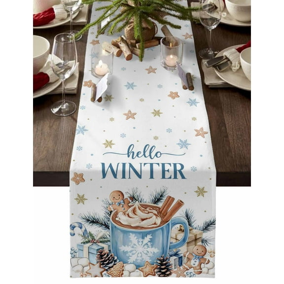 Christmas Table Runner Gingerbread Man Table Runners Hot Cocoa Cookie Hello Winter Cotton Linen Dresser Scarf Kitchen Dining Table Decor for Christmas Holiday Party Decor 13x36 Inch