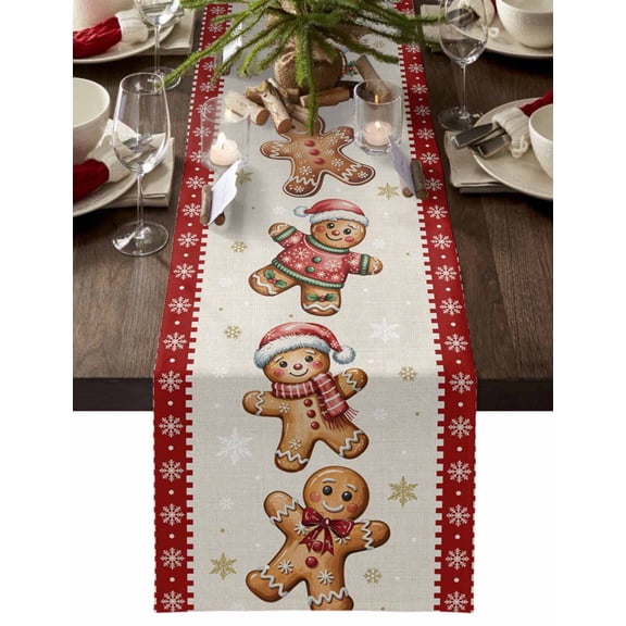 Christmas Table Runner Gingerbread Man Table Runners Red Linen Snowflake Cotton Linen Dresser Scarf Kitchen Dining Table Decor for Christmas Holiday Party Decor 13x36 Inch
