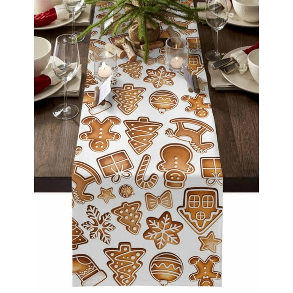 Christmas Table Runner Gingerbread Man Table Runners Snowflake Candy Cane Xmas Tree Balls Cotton Linen Dresser Scarf Kitchen Dining Table Decor for Christmas Holiday Party Decor 13x36 Inch