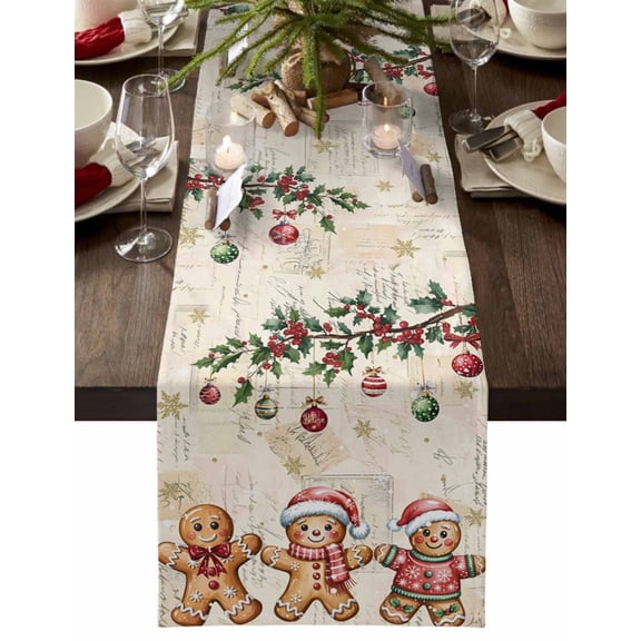 Christmas Table Runner Gingerbread Man Table Runners Xmas Balls Berry Beige Snowflake Cotton Linen Dresser Scarf Kitchen Dining Table Decor for Christmas Holiday Party Decor 13x36 Inch