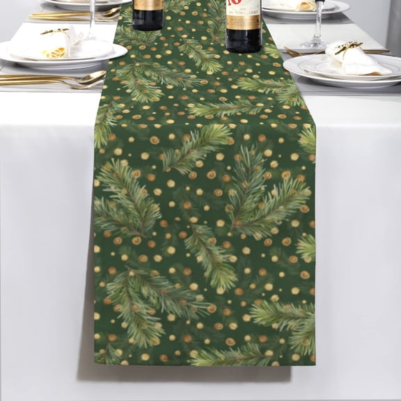 Christmas Table Runner | Gold Pine Berries | Holiday Dinner Table Decor
