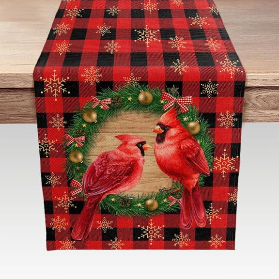 Christmas Table Runner, Gold Snowflakes Winter Seasonal Farmhouse Rustic Red Buffalo Check Plaid Burlap Runners Dining Table Decoration Home Party Decor 13 x 90 Inches