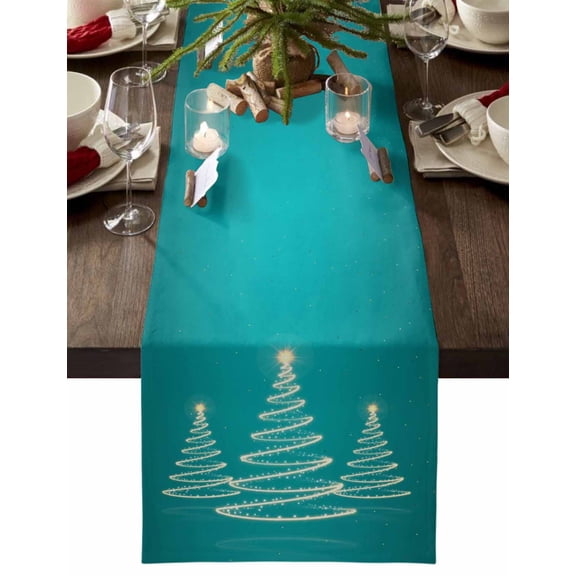 Christmas Table Runner Golden Christmas Tree Table Runners Star Lights Turquoise Cotton Linen Dresser Scarf Kitchen Dining Table Decor for Christmas Holiday Party Decor 13x90 Inch