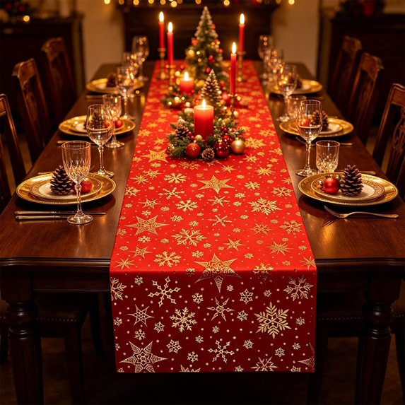 Christmas Table Runner Golden Snowflake Design Washable for Dining Table Holiday Party Home Decor