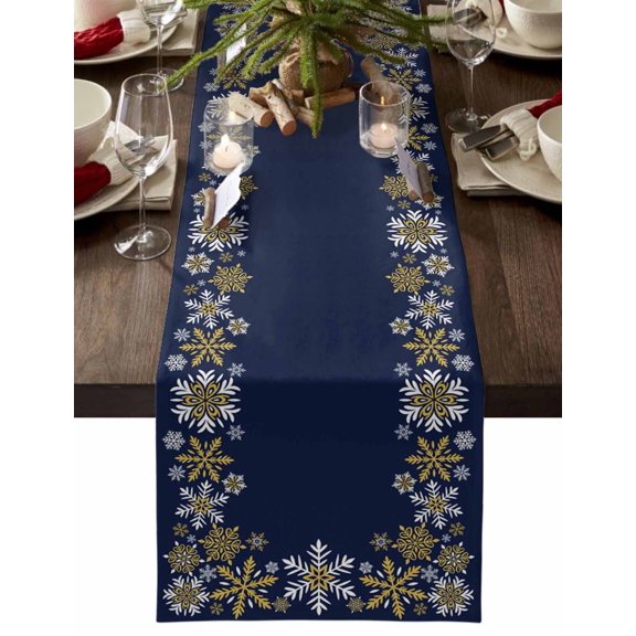 Christmas Table Runner Golden Snowflake Table Runners Winter Snow Navy Blue Cotton Linen Dresser Scarf Kitchen Dining Table Decor for Christmas Holiday Party Decor 13x90 Inch
