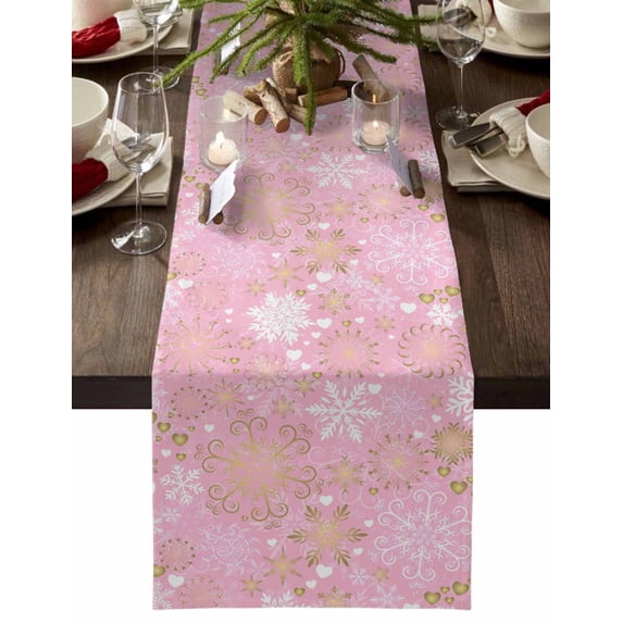 Christmas Table Runner Golden Snowflakes Table Runners Love Heart Pink Cotton Linen Dresser Scarf Kitchen Dining Table Decor for Christmas Holiday Party Decor 13x72 Inch