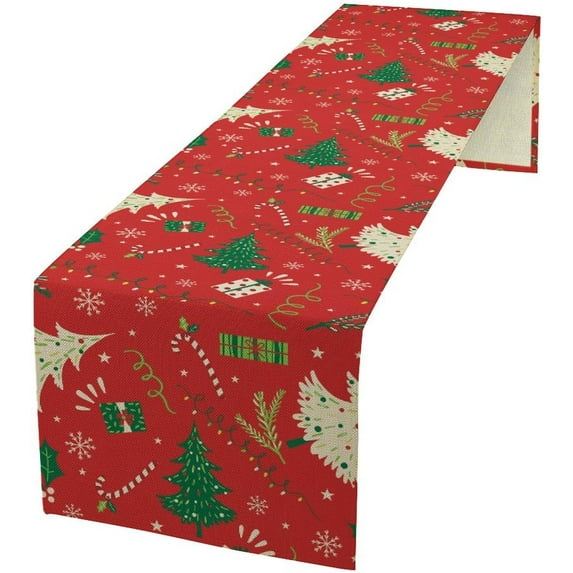 Christmas Table Runner Green Fir Tree Gift Pattern Table Runner Table Cloth Decoration Dresser Garden Farmhouse Wedding Party Vacation Dinner Home 13.8x108 inches
