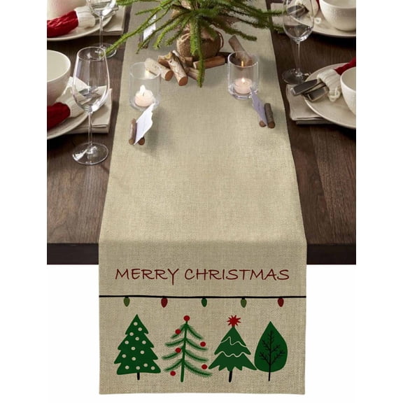 Christmas Table Runner Green Pine Trees Table Runners Xmas Lights Linen Cotton Linen Dresser Scarf Kitchen Dining Table Decor for Christmas Holiday Party Decor 13x36 Inch