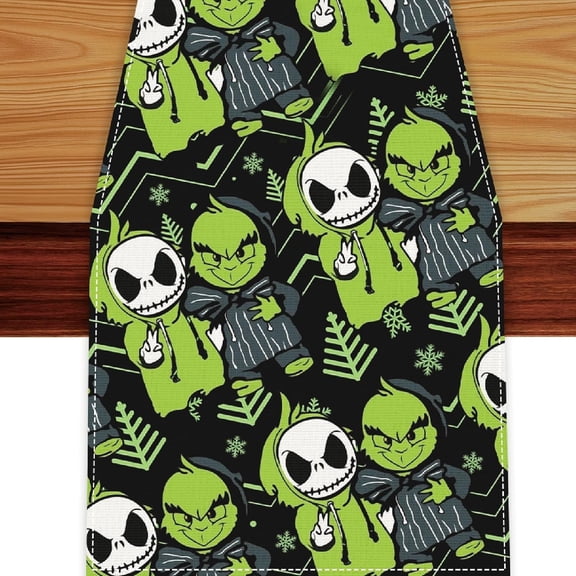 Christmas Table Runner,Green Xmas Table Runners Fall Seasonal Black Table Cloth Christmas Decorations for Home Kitchen Dining Party Decor (13x71 Inch)