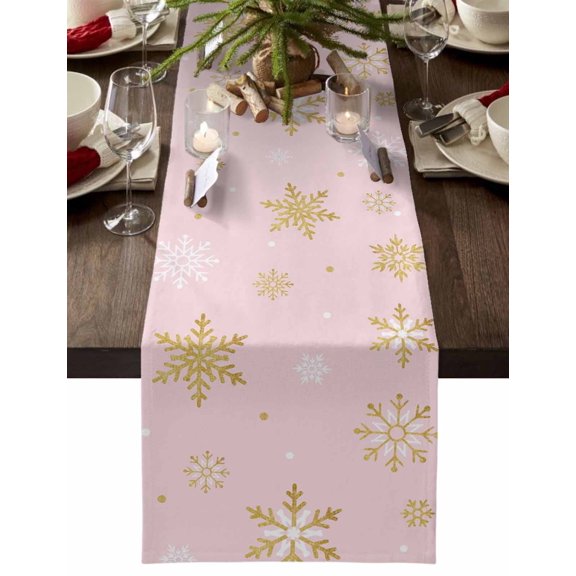 Christmas Table Runner Grey Gold Snowlfake Table Runners Pink Background Cotton Linen Dresser Scarf Kitchen Dining Table Decor for Christmas Holiday Party Decor 13x36 Inch