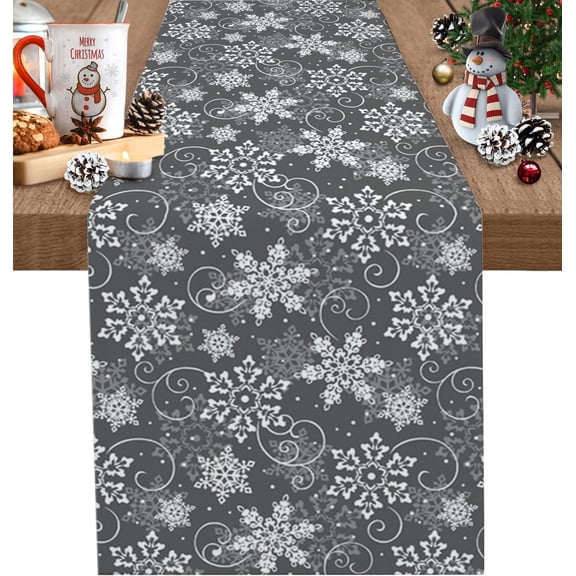 Christmas Table Runner, Grey White Snowflakes Pattern Cotton Linen Tablecloth Holiday Farmhouse Table Decor for Home,Kitchen,Dining Room,Indoor,Outdoor,13X48 Inches Long, Winter