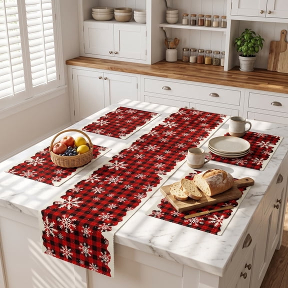 Christmas Table Runner, Holiday Dining Linen Set with Six Coordinating Placemats, Linen Snowflake Table Decor for Christmas Meals and Family Gatherings, Red