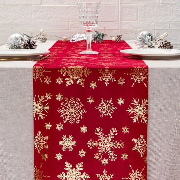 Christmas Table Runner, Holiday Table Flag, Snowflakes Pattern Polyester Velvet Table Runner for Dining Room, Red and White, 28x275cm, Soft Thick Fabric, Durable Stitching, Festive Home Decor