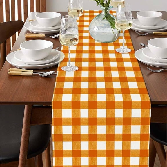 Christmas Table Runner, Holiday Table Linen, Linen Gingham Plaid Design with Farmhouse Check Finish for Christmas Dinner and Family Gatherings, Orange, 13.0 x 72.0 in