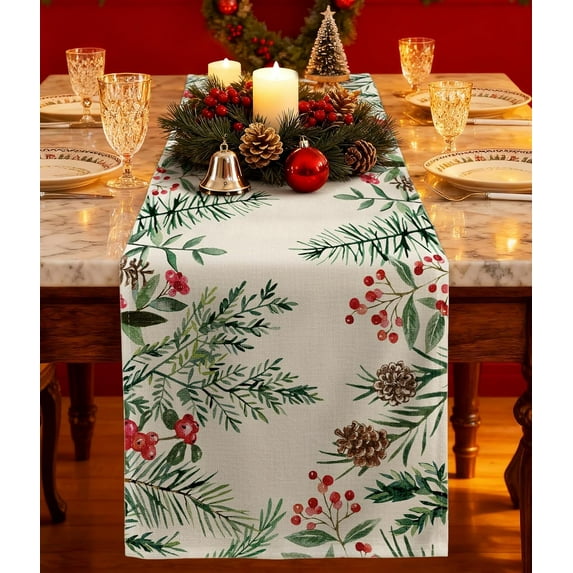 Christmas Table Runner Holly Berries - 13x72 Watercolor Winter Table Runner with Holly Pine Cone Needle Xmas Decor, Vintage Farmhouse Rustic Winter Decoration for Home Kitchen Dinner Party