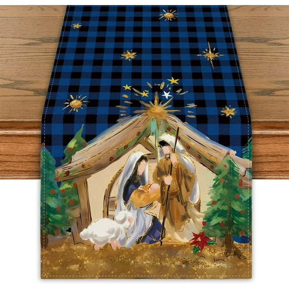 Christmas Table Runner Holy Nativity Tablecover Religious Scene Decor Christmas New Year Xmas Decor Nativity Decorations for Home Party