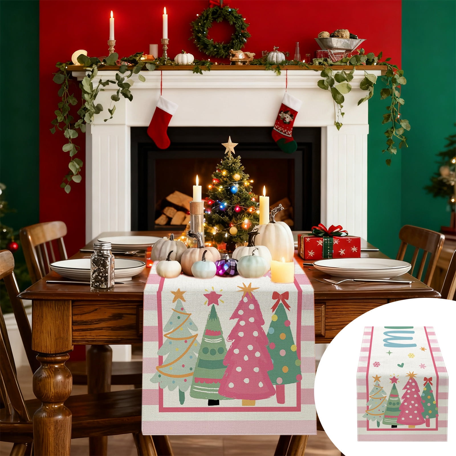 Christmas Table Runner Linen Holiday Dining Decor with Snowflake Tree — free download