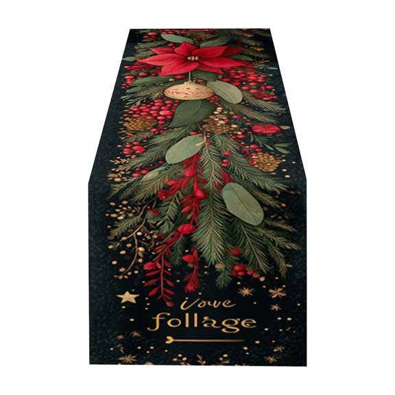 Christmas Table Runner, Linen Long Border Cloth, Festive Holiday Decoration, Durable Fabric Easy to Clean, Ideal for Dining Table, Party, Family Dinner, Gift
