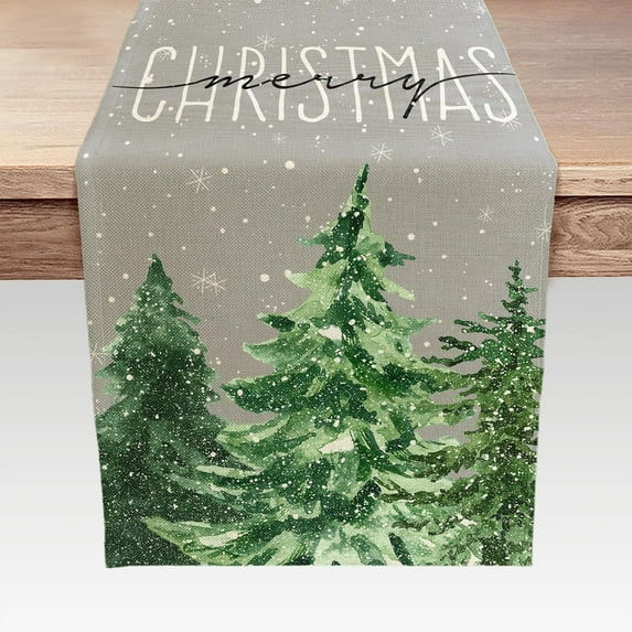 Christmas Table Runner Long Burlap, Watercolor Pine Tree Snowflake Seasonal Winter Xmas Holiday Kitchen Dining Table Decor for Indoor Outdoor Home Party Decor 13 x 72 Inches