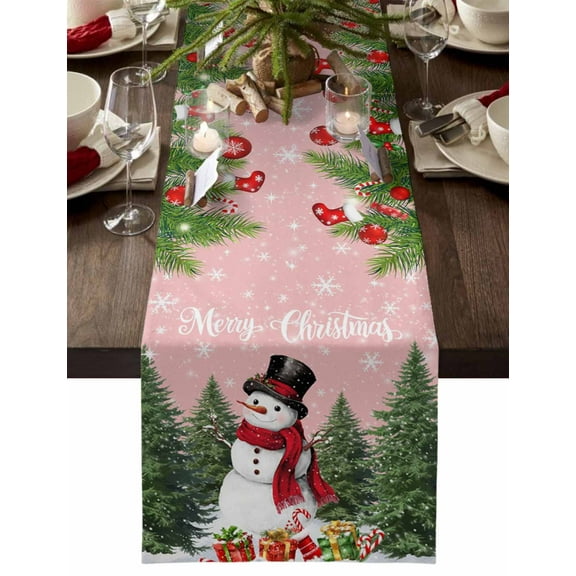 Christmas Table Runner Merry Christmas Balls Snowman Table Runners Pink Snowflake Pine Tree Cotton Linen Dresser Scarf Kitchen Dining Table Decor for Christmas Holiday Party Decor 13x36 Inch