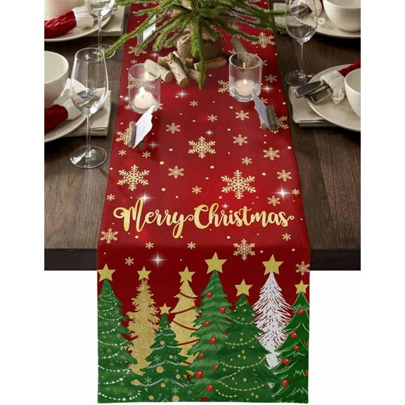 Christmas Table Runner, Merry Christmas Cotton Linen Dresser Scarves Holiday Table Decor for Home,Kitchen,Dining Room,Indoor,Outdoor,13X108 Inches Extra Long, Gold Star Xmas Tree Snowflakes