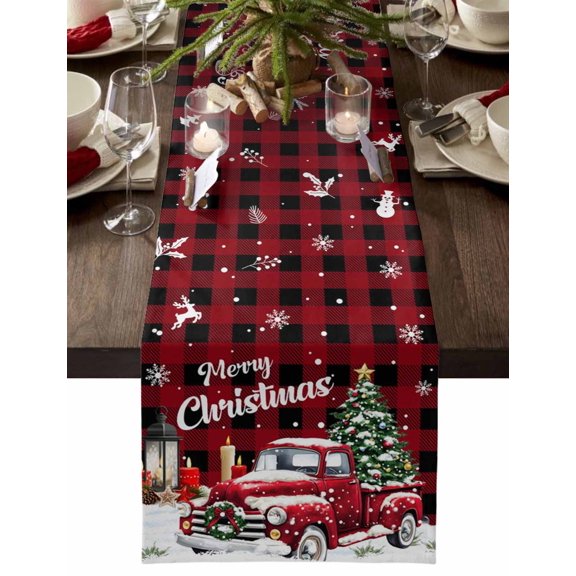 Christmas Table Runner Merry Christmas Tree Table Runners Snowman Candle Red Truck Plaid Cotton Linen Dresser Scarf Kitchen Dining Table Decor for Christmas Holiday Party Decor 13x36 Inch