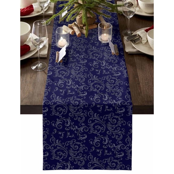 Christmas Table Runner Navy Blue Christmas Pattern Table Runners Retro Abstract Art Cotton Linen Dresser Scarf Kitchen Dining Table Decor for Christmas Holiday Party Decor 13x36 Inch