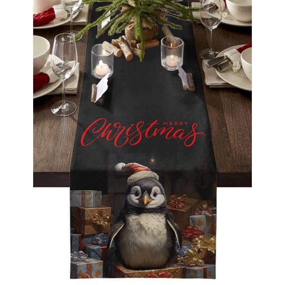 Christmas Table Runner Penguin Table Runners Santa Hat Cotton Linen Dresser Scarf Kitchen Dining Table Decor for Christmas Holiday Party Decor 13x36 Inch