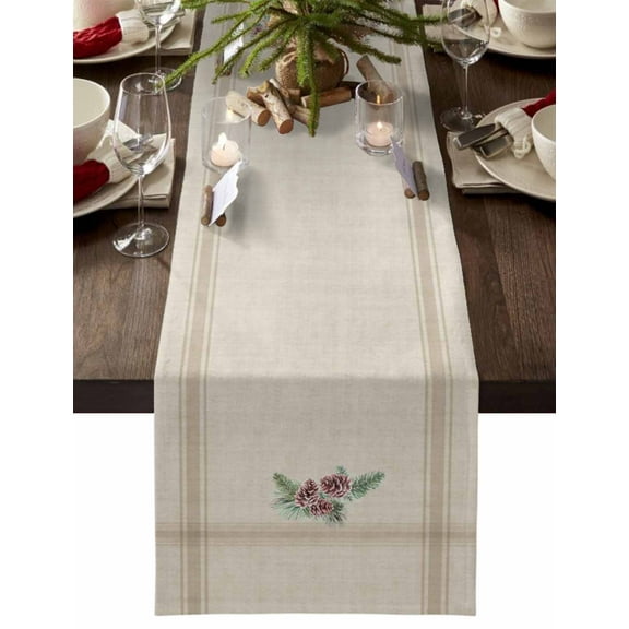 Christmas Table Runner Pine Cones Branches Table Runners Brown Stripes Linen Cotton Linen Dresser Scarf Kitchen Dining Table Decor for Christmas Holiday Party Decor 13x36 Inch