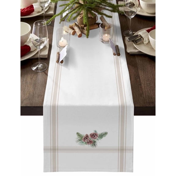 Christmas Table Runner Pine Cones Branches Table Runners Vintage Brown Stripes Cotton Linen Dresser Scarf Kitchen Dining Table Decor for Christmas Holiday Party Decor 13x72 Inch