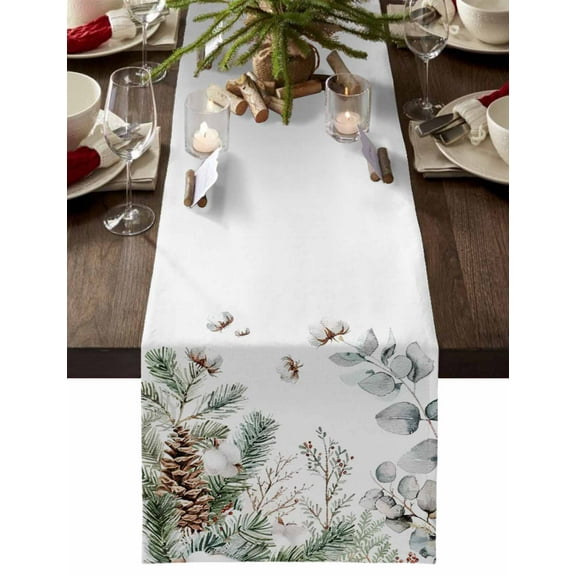 Christmas Table Runner Pine Cones Table Runners Green Pine Tree Branch Leaf Cotton Linen Dresser Scarf Kitchen Dining Table Decor for Christmas Holiday Party Decor 13x36 Inch