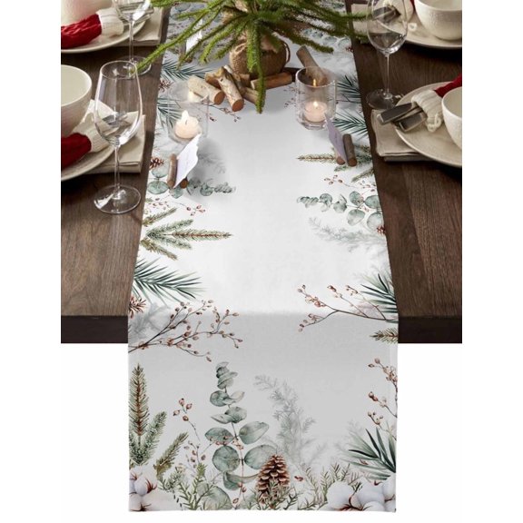 Christmas Table Runner Pine Tree Branch Table Runners Pine Cones Plant Leaf Cotton Linen Dresser Scarf Kitchen Dining Table Decor for Christmas Holiday Party Decor 13x36 Inch