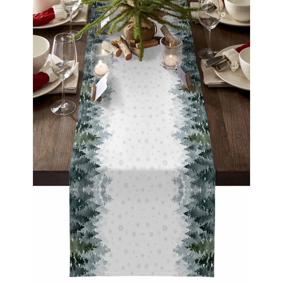 Christmas Table Runner Pine Tree Forest Table Runners White Winter Snowflakes Cotton Linen Dresser Scarf Kitchen Dining Table Decor for Christmas Holiday Party Decor 13x36 Inch