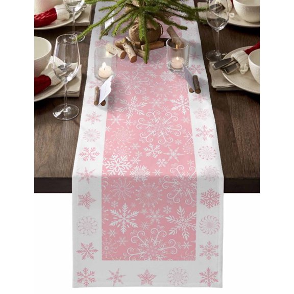 Christmas Table Runner Pink Snowflake Table Runners Xmas Winter Snow Cotton Linen Dresser Scarf Kitchen Dining Table Decor for Christmas Holiday Party Decor 13x72 Inch