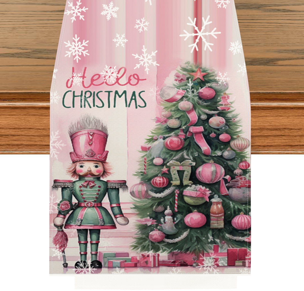 Christmas Table Runner Pink Christmas Tree Nutcracker Snowflake