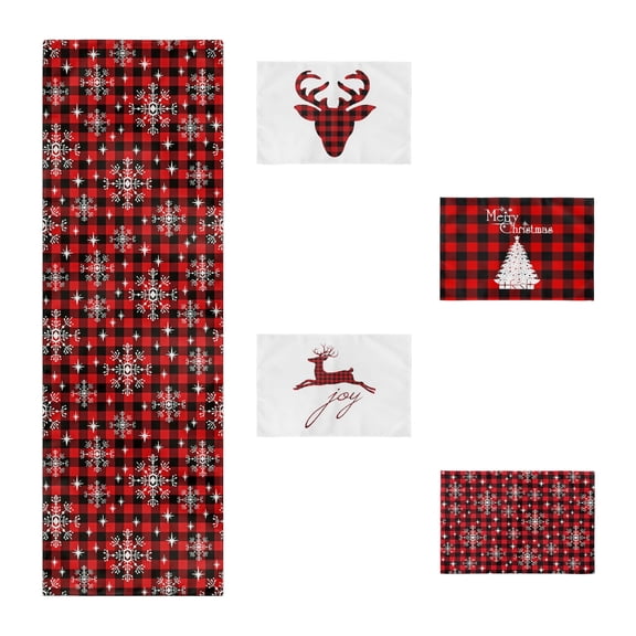 Christmas Table Runner & Placemat Set 5-Piece Red Green Holiday Kitchen Dining Table Decor