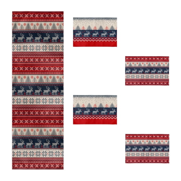 Wear Sierra Christmas Table Runner and Placemat Set, 5-Piece Holiday Dining Table Decor, Polyester, Red/Green, 17.7 x 55.1 Inches