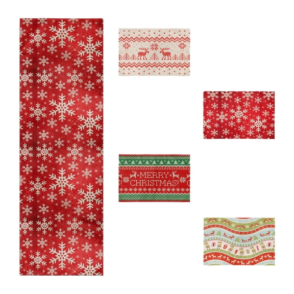 Christmas Table Runner and Placemat Set, 5-Piece Red and Green Holiday Dining Table Decor