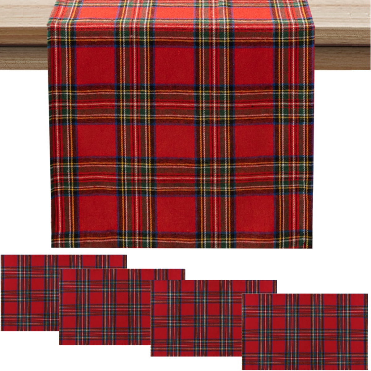 Christmas Table Runner Placemats SetRed Buffalo Plaid Xmas Table Runner Placemat, Heat