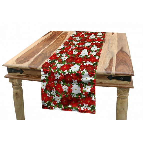 Christmas Table Runner, Poinsettia Flower Holly and Mistletoe in Natural Traditional Combination, Dining Room Kitchen Rectangular Runner, 3 Sizes, by Ambesonne