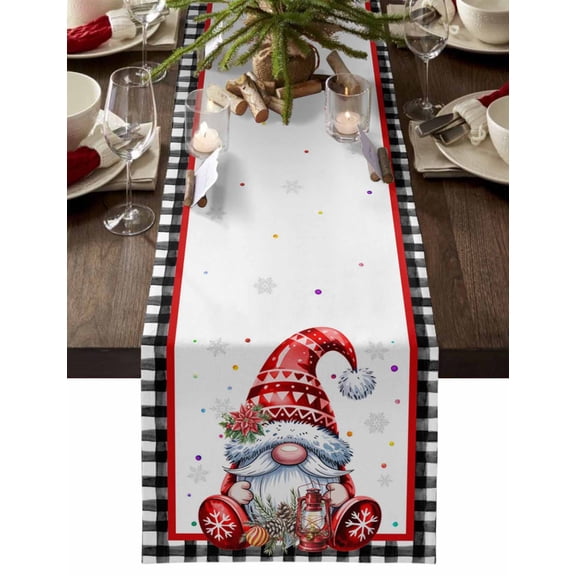 Christmas Table Runner Poinsettia Gnom Table Runners Snowflakes Black Buffalo Plaid Cotton Linen Dresser Scarf Kitchen Dining Table Decor for Christmas Holiday Party Decor 13x90 Inch