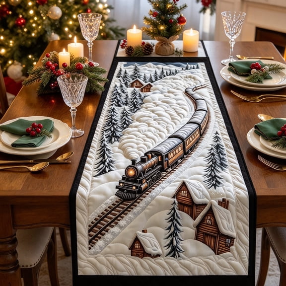 Quilted Christmas Table Runner 14 x 48 in Snow Train Winter Holiday Decor for Dining Room and Mantel