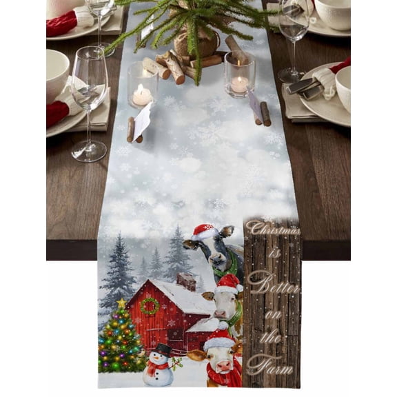 Christmas Table Runner Red Barn Snowman Cow Table Runners Farmhouse Animal Xmas Tree Forest Wood Cotton Linen Dresser Scarf Kitchen Dining Table Decor for Christmas Holiday Party Decor 13x72 Inch