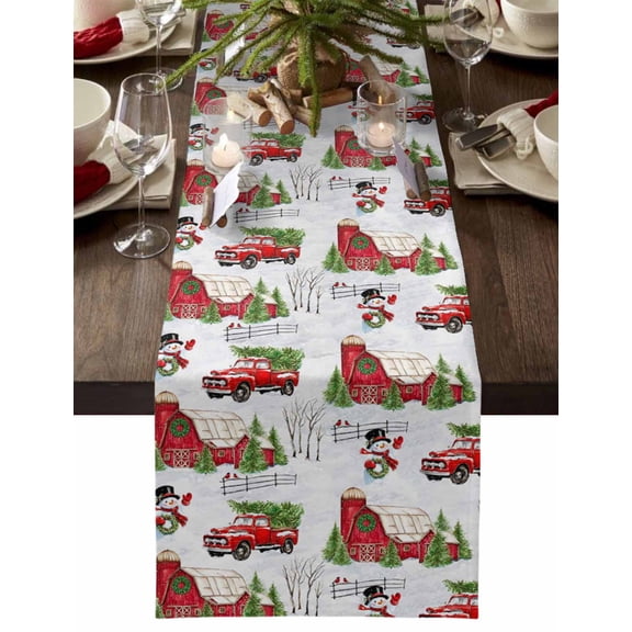 Christmas Table Runner Red Barn Truck Snowman Table Runners Cardinal Bird Xmas Tree Cotton Linen Dresser Scarf Kitchen Dining Table Decor for Christmas Holiday Party Decor 13x36 Inch